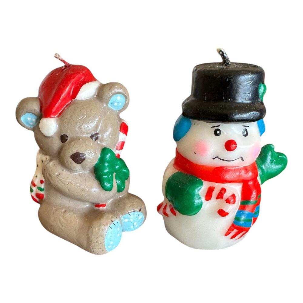 Vintage Christmas Candles Teddy Bear & Snowman 4” Tall Teddy Hugglesbie